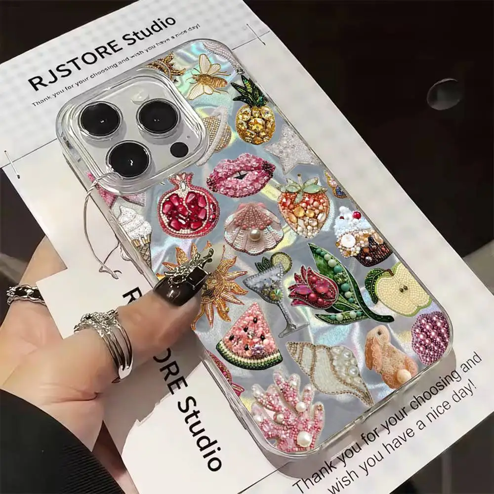 

Pomegranate Bead Phone Case For iphone 16 15 14 13 12 11 Pro Max E Plus Silver Laser Satin Aurora Gradient