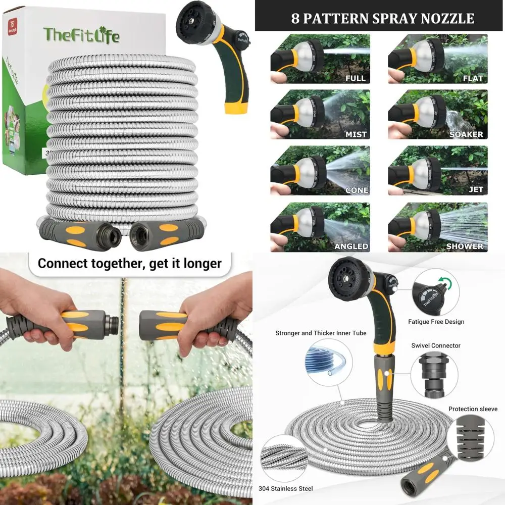 

Flexible 75-Foot Stainless Steel Garden Hose with Sprayer Nozzle and Solid Fittings - Lightweight, Durable for Outdoor Watering
