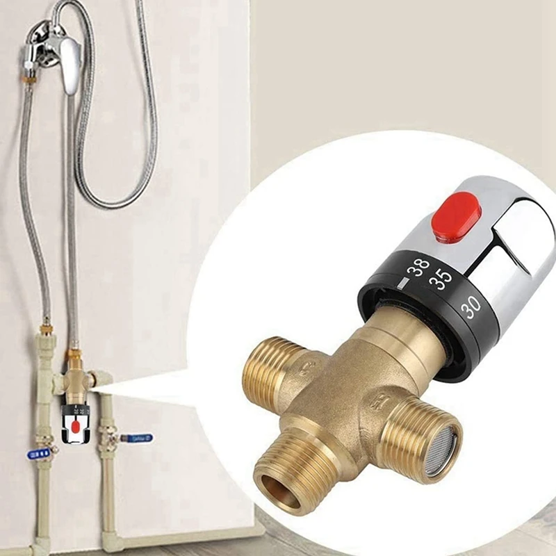 2X Thermostatic Mixing Valve Solid Brass G1/2 For Shower System Water Temperature Control Pipe Basin Thermostat Control