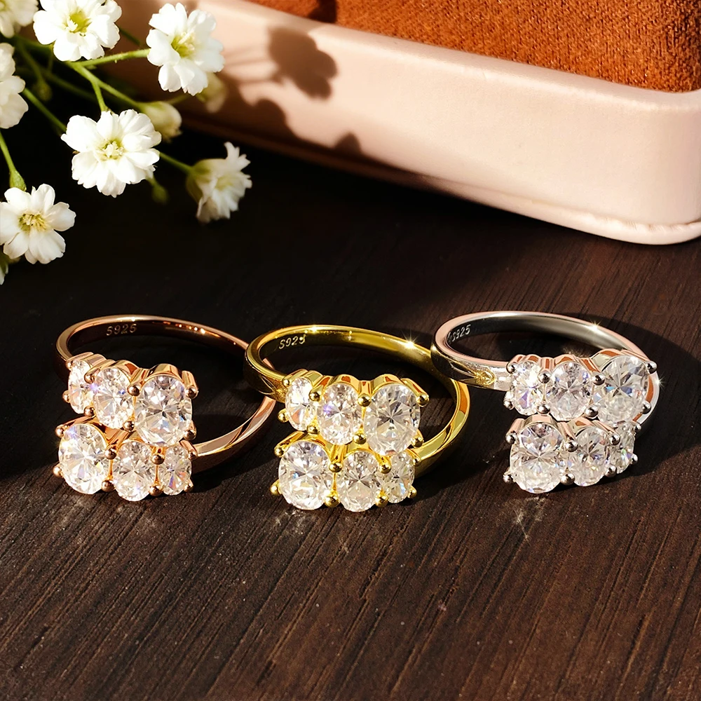 HORRIPAL D Color 2 Rows Design Moissanite Ring For Woman 925 Sterling Silver High Quality Party Elegant Classic Luxury Jewelry