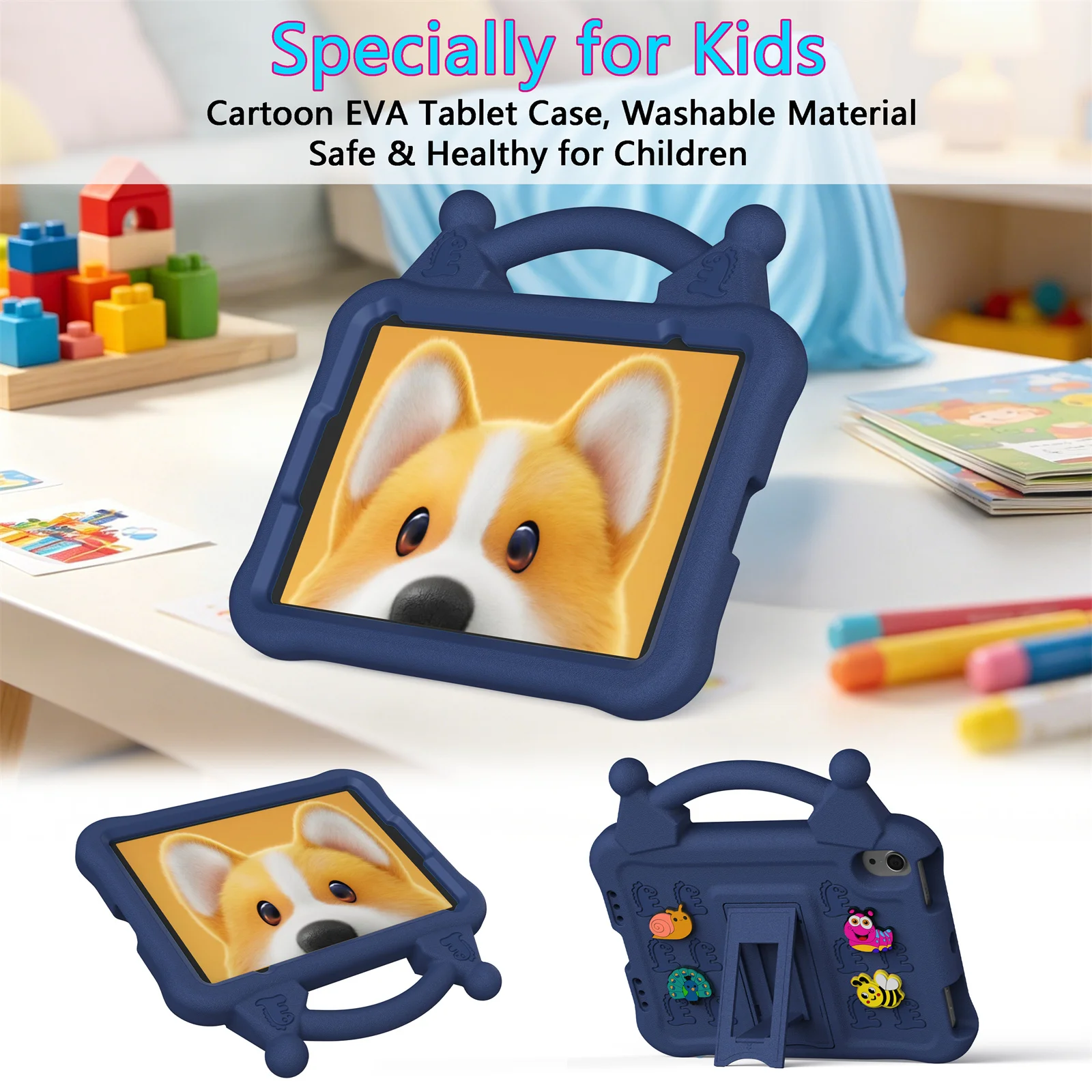 For iPad mini (2024) / (2021) Case Kickstand Kid-Friendly Shockproof Cartoon EVA Tablet Cover - Navy Blue