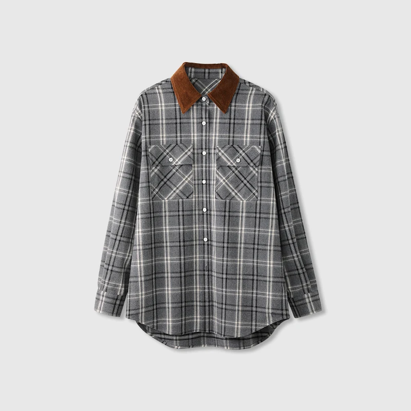 

Ayuko Long Velvet Cotton Retro Plaid Faionable Casual Feel Collar Patchwork Cotton Corduroy irt Women's Busin Ca...