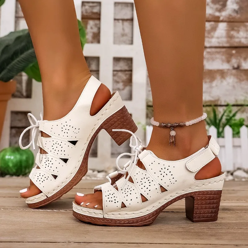 

Women's Thick Sole High-heeled Sandals Summer Hollowed Out Fish Mouth Sandals for Women Strap Up Platform Sandal Sandalias Mujer