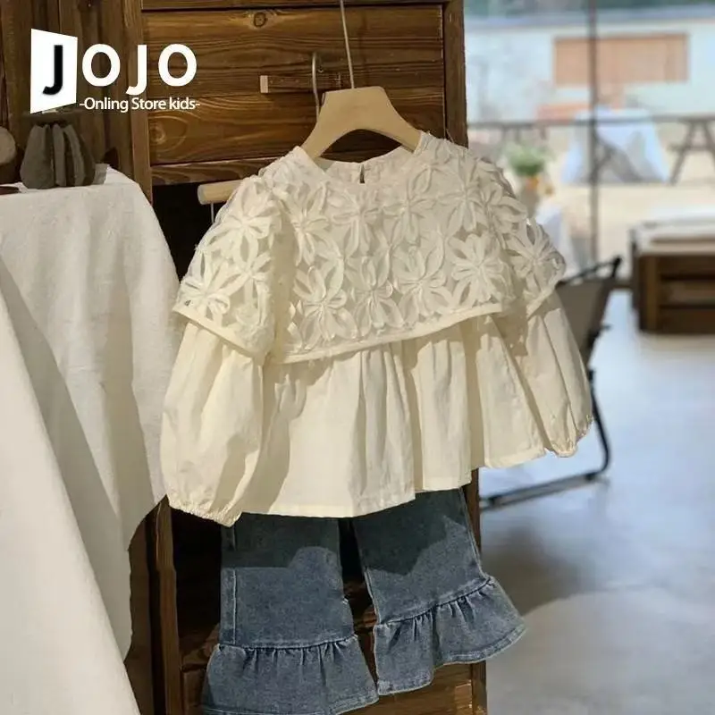 

Girl Top Autumn Western Style Children's Cotton Doll Shirt Sweet Long Sleeved Shirt Baby Girl Fake Two Hollowed Out Shirts