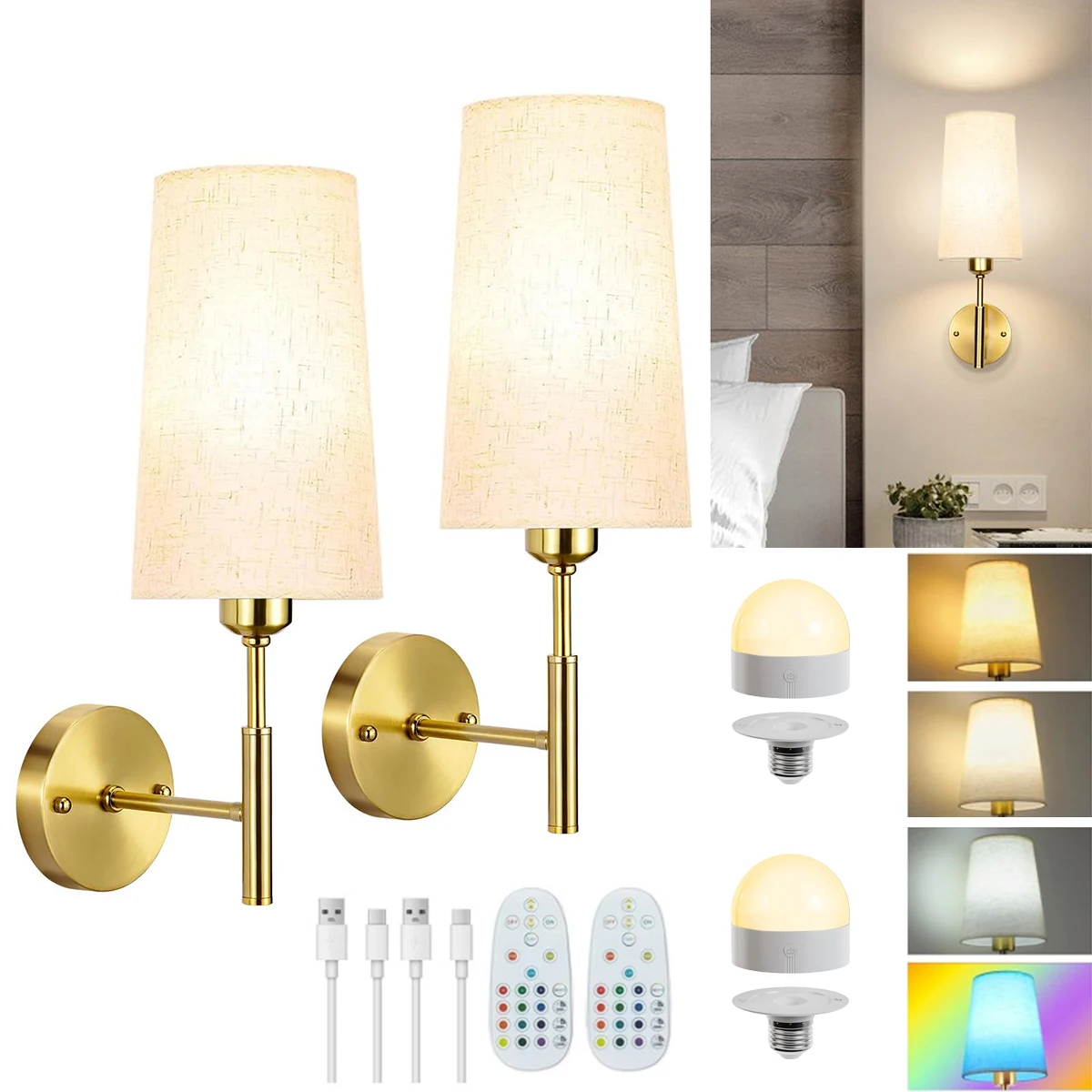 Set of 2 LED Battery Operated Wall Sconce, Indoor Rechargeable Wall Sconce with Remote Control for Bedroom Living Room, Gold