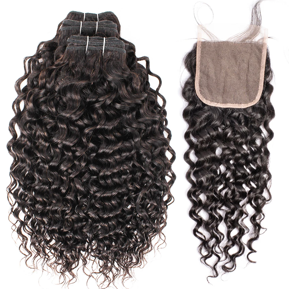 Gemlong 3 Bundles With 4*4 Lace Closure Water Wave Remy Indian Human Hair Extension 4x4 Lace Tangle Free Bouncy Weaving