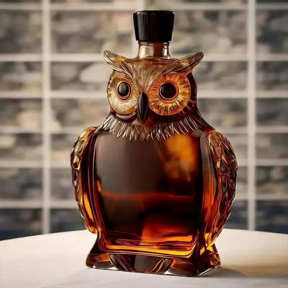 Eulen-Glasflasche für Whiskey 180/350ml Dekorativer Tier-Dekanter Eulen-Likörbehälter für Hausbar-Dekoration Geschenk für Männer