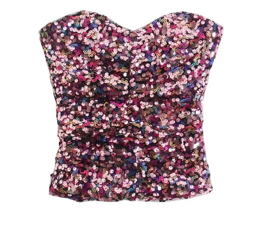 Women Sequins Purple Tops 2022 Spring Fashion Ladies High Street Back Zipper Sexy Tube Tops Female Chic Slim Cropped Tops