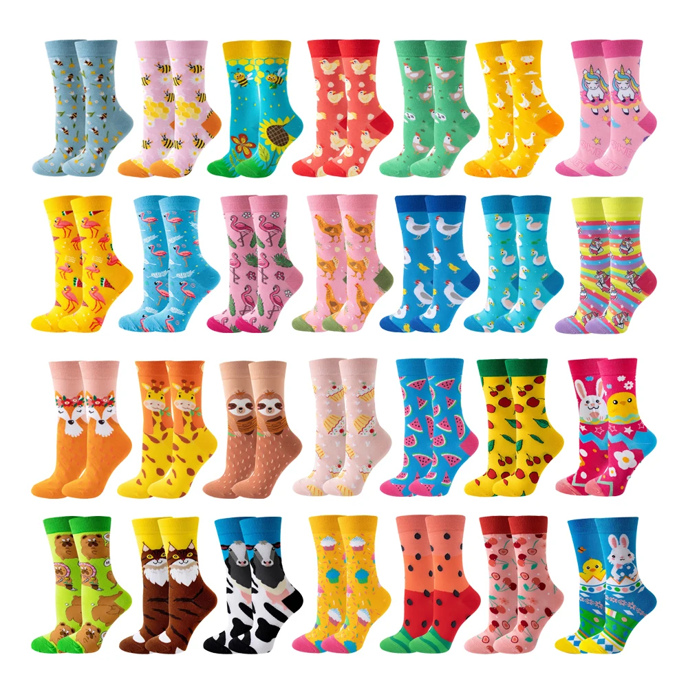 6 Pairs New Fashion Cute Happy Mid-tube Women Socks Watermelon Cherry Cat Dog Flamingo Cow Lovely Casual Funny Socks