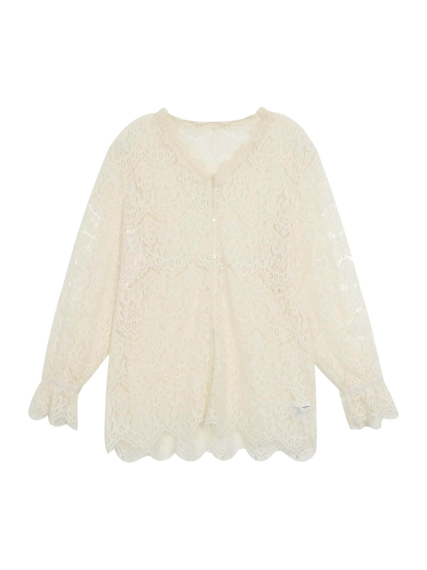 قميص نسائي طويل الأكمام من الدانتيل باللون الأحمر، تصميم فريد لخريف 2025 المبكر، قطعة علوية أنيقة غير تقليدية، مزيج من النايل...