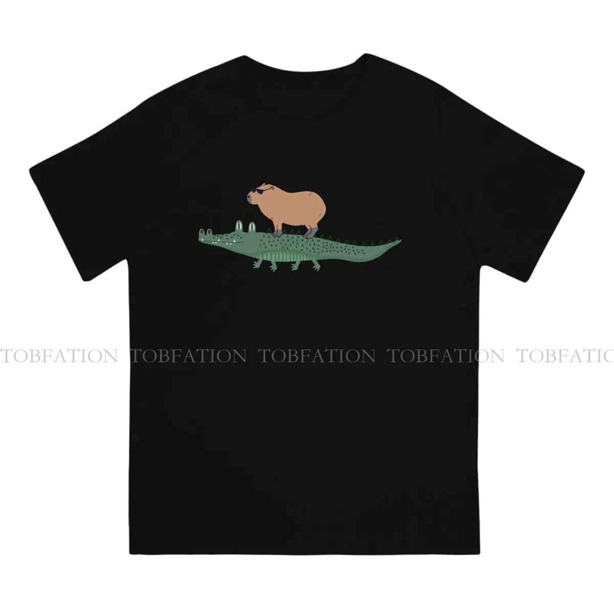 Capybara Riding On A Crocodile Jungle Background Tshirt Black for Men Large T Shirt Casual Men's Tops Tee