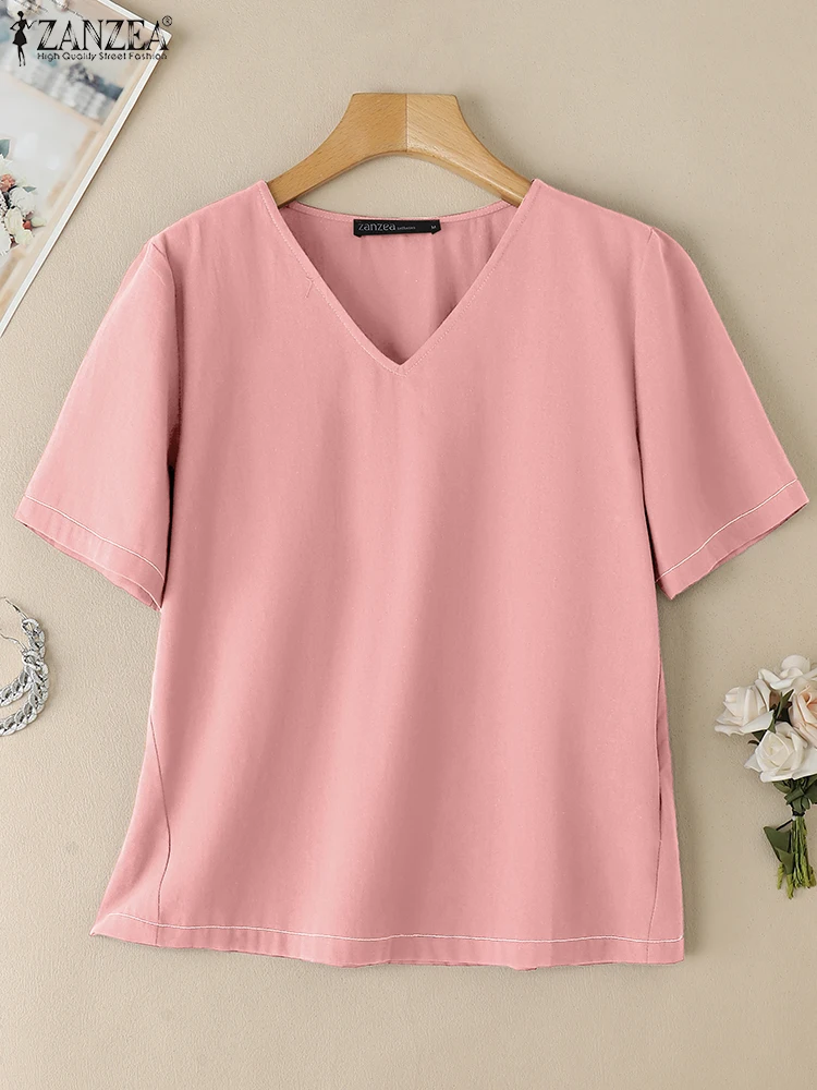 ZANZEA بلوزة صيفية بأكمام قصيرة ورقبة على شكل V قميص نسائي أنيق للعمل OL بلوزات غير رسمية متينة بلوزات فضفاضة قميص كبير الحجم 2025