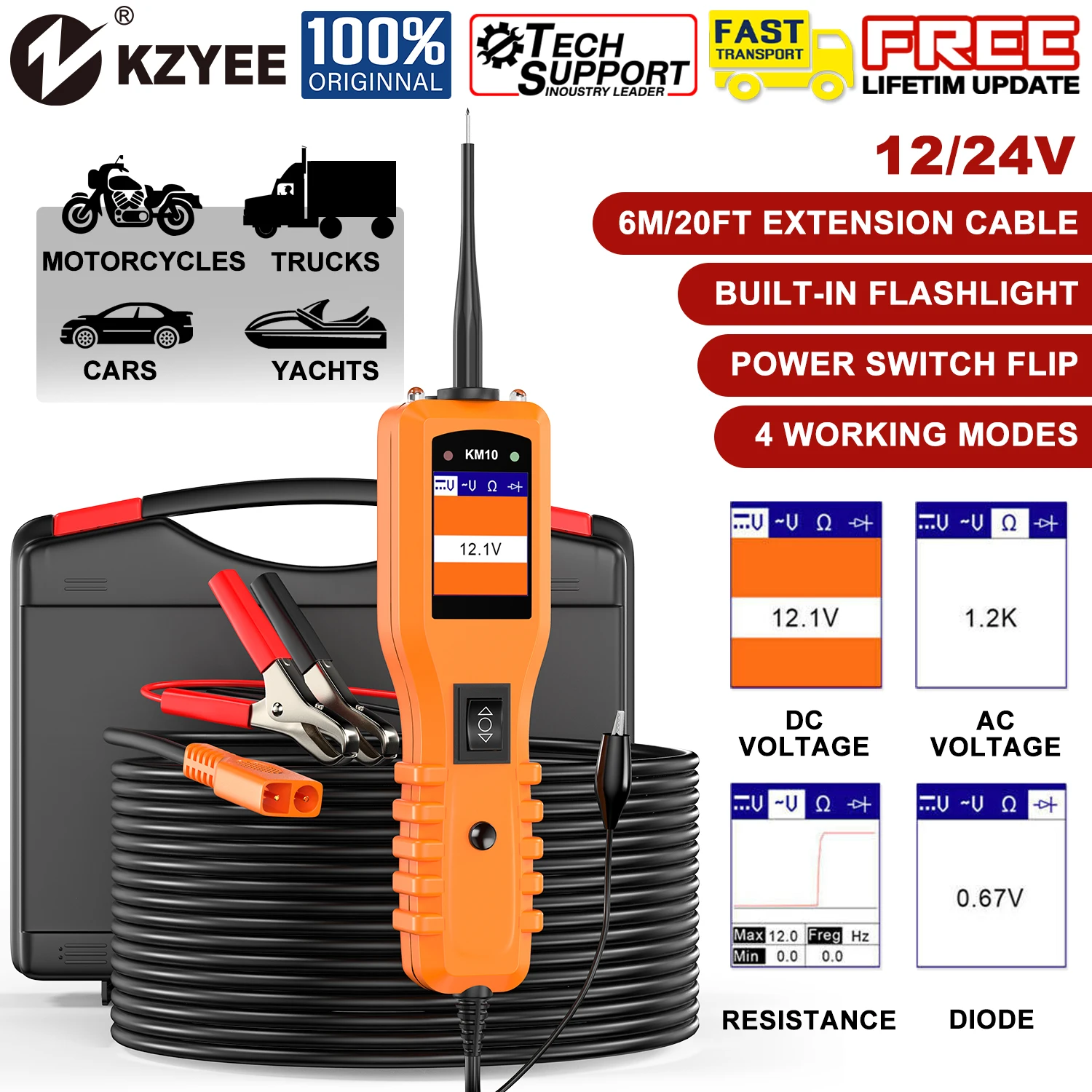 KZYEE KM10 Automotive Power Circuit Probe Kit 12V 24V Car Short Circuit Finder Electrical System Digital Voltage Diagnostic Tool