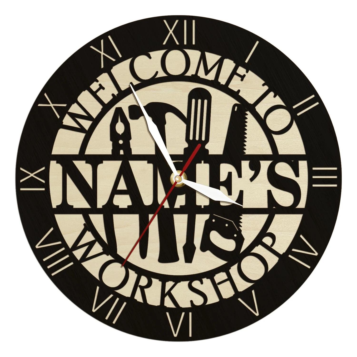 Personalized Workshop Repair Wood Wall Clock For Man Cave Fixing Mechanic Shop Custom Garage Name Sign Silent Quartz Wall Clock