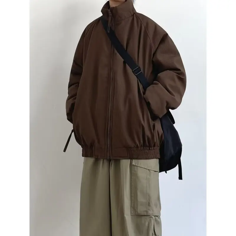 Men's Loose Fit Cotton Jacket Autumn Winter Warmth Stand Collar Breadth Sleeve Pocket Design Thickened Polyester Fiber Coat
