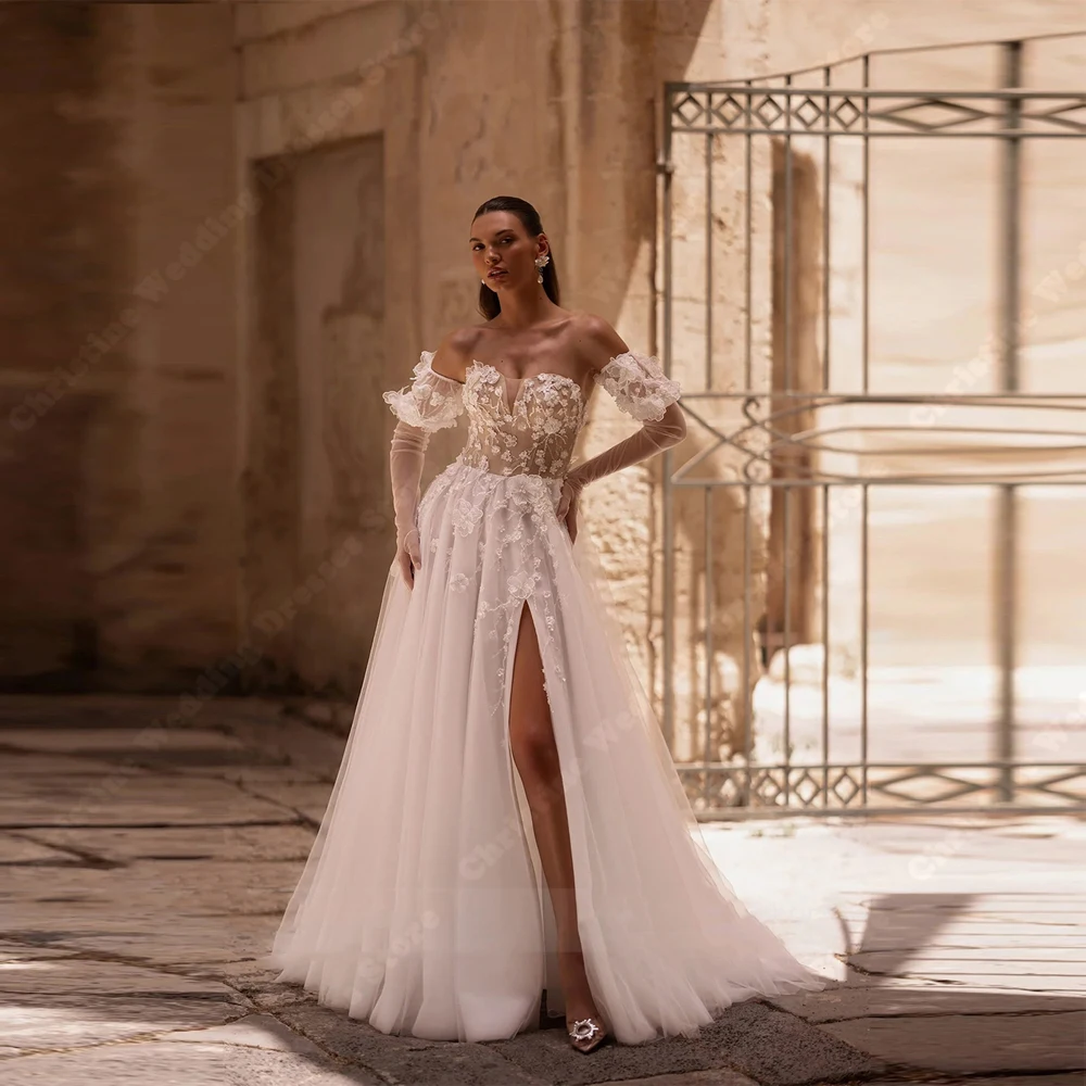 Elegante A-Lijn Vrouwen Trouwjurken Sexy Lange Mouwen Bruidsjurken Dweilen Lengte Strand Bijeenkomst Prinses Vestidos De Noivas