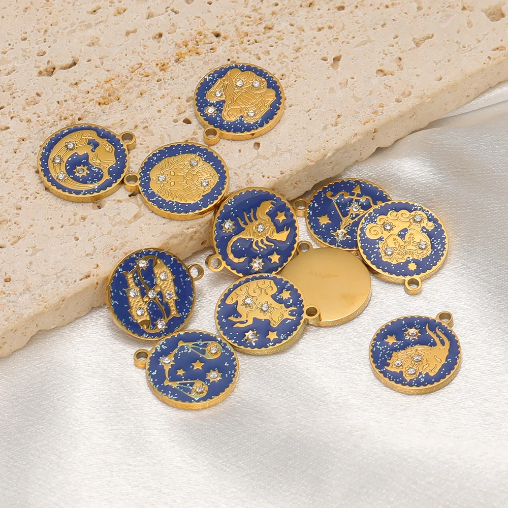 12 Stück/Set Edelstahl Blaue Emaille 12 Sternzeichen Zirkon-Anhänger für Halsketten, Ohrringe, DIY Schmuckherstellung – Detail 5