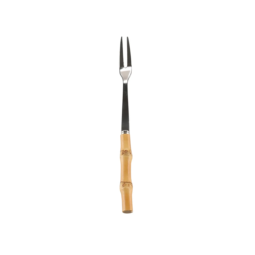 Novelty Two Teeth  Stainless Steel Long Handmade Natural Bamboo Root Wood Handle Cake Dessert Small Fruit Fork