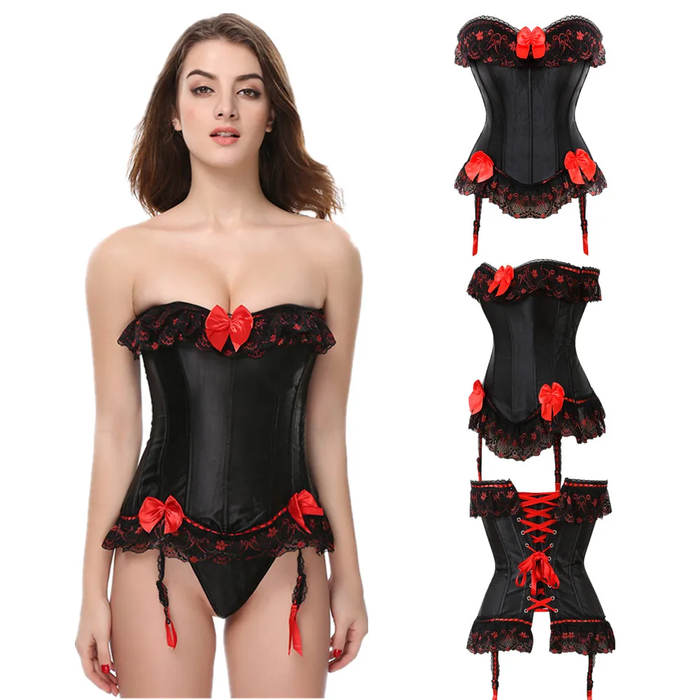 

Gothic Satin Corset Women Overbust Bustier Top Bow Clubwear Body Shaper Burlesque Lace-Up Floral Wedding Lingerie Demure Corsets