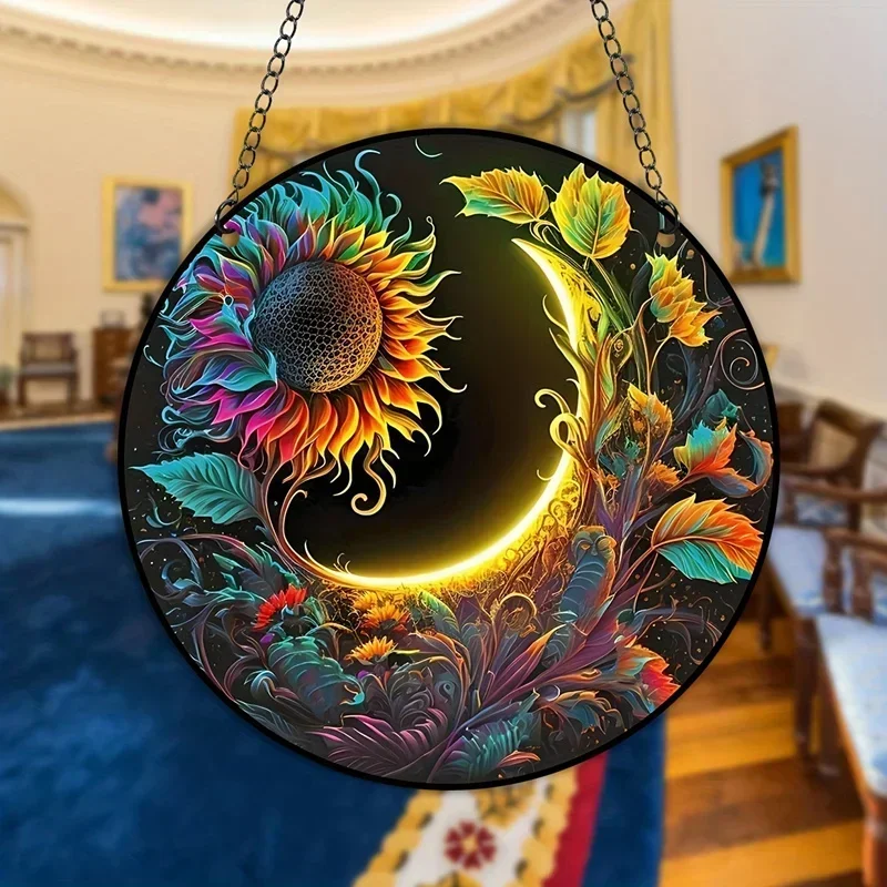 3D Sun And Moon Stained Suncatcher Home Window Hanging Paint Panel Outdoor Garden Craft Pendant Church Pray Decor Suncatchers