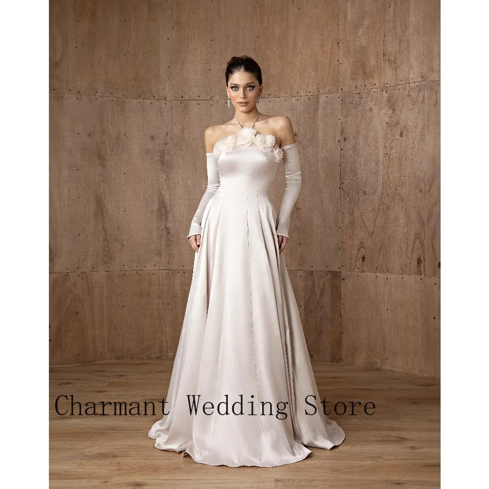 A‑Line Prom Dress Satin Floral Neck Detail Fitted Bodice Detachable Matching Long Satin Gloves Voluminous Pleated Satin