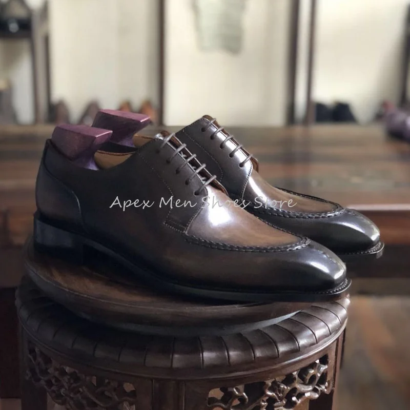 Autumn Vintage Cowhide Solid Color Formal Shoes Men\'s Lace Up Business Office Shoes Italian Leather Sole Handmade Oxford Shoes