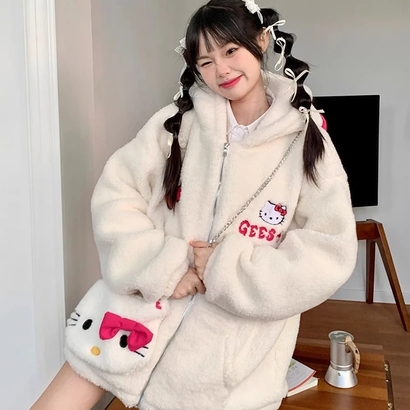 Free Bag Hello Kitty Kawaii Hooded Lambswool Coat Sanrioed Winter Cartoon Plus Velvet Thickening Plus Velvet Loose Cotton Jacket