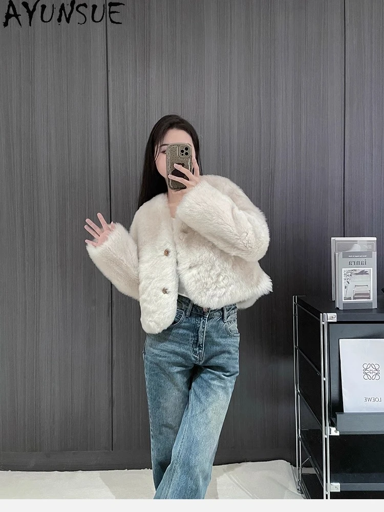 AYUNSUE 2025 Herfst Winter Shearling Jas Vrouw Luxe Korte 100% Natuurlijke Wollen Bont Jas Vrouw Kleding V-hals Twitter • =)