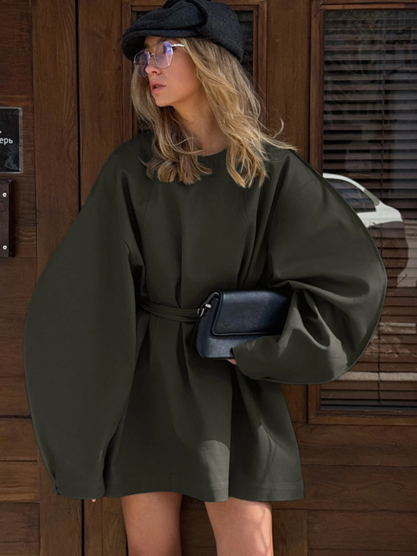 

Marthaqiqi Fashion Women Nightwear Long Sleeve Pajamas O-Neck Sleepwear Lace Up Nightie Loose Mini Dress Winter Ladies Nightgown