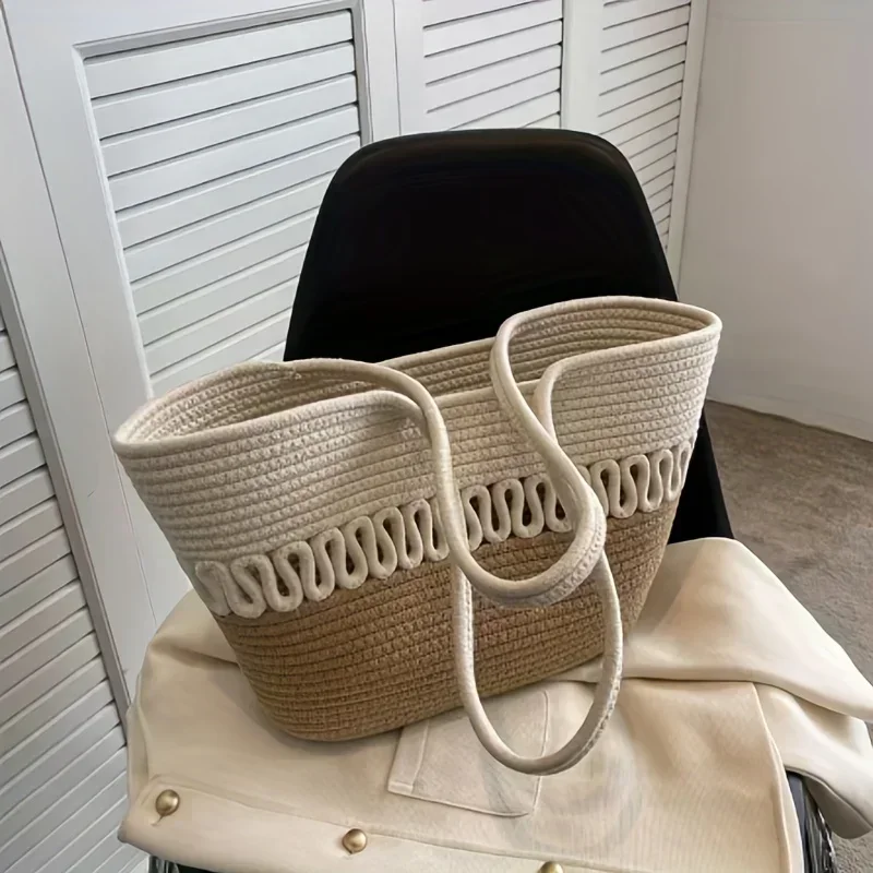 Knitting Kits Fabric Khaki Beach Bag Large Capacity Handmade Straw Summer Holiday Leisure Bag Women Bags Shopping Bags