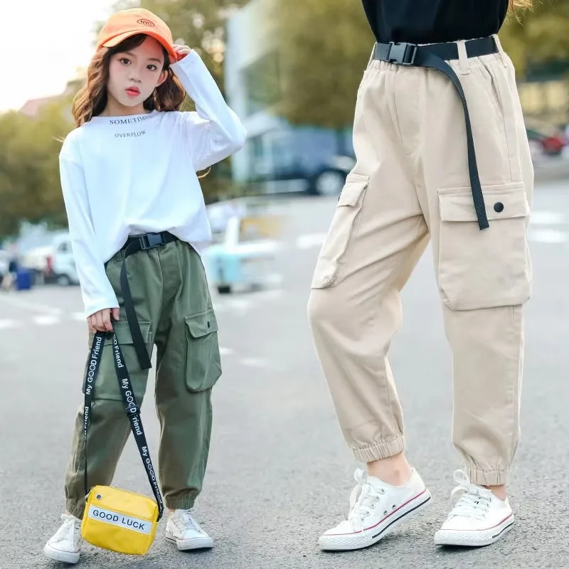 2024 New Fashion Cargo Pants for Girls Cool Trousers With Belt Loose Style Kids Cotton Sport Casual Pants Age 5 6 7 8 9 Year Old