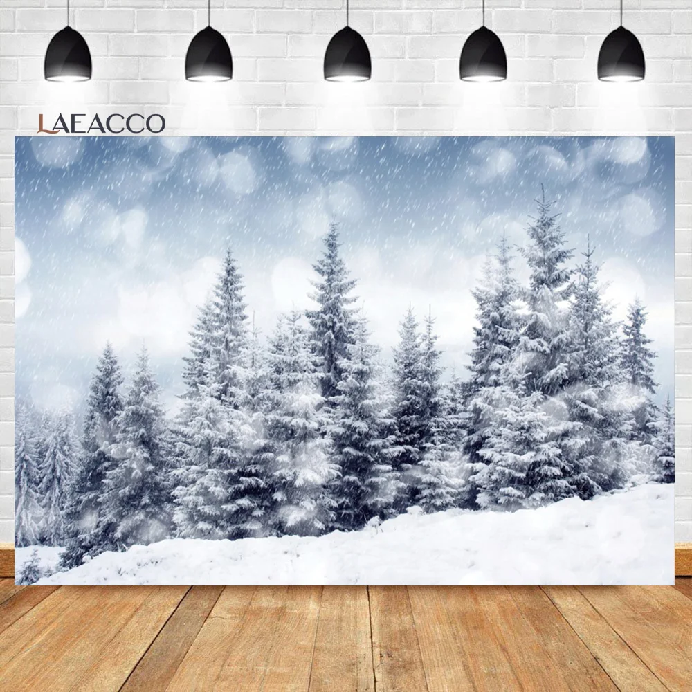 Laeacco-冬の雪の森の背景、白いクリスマスツリーの窓のシーン、クリスマスと新年のパーティー、写真の背景