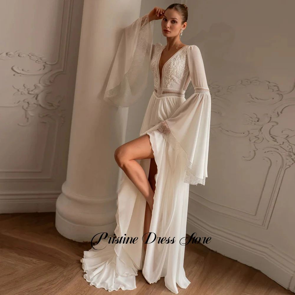 Stunning Flare Sleeves Chiffon Bohemia Wedding Dress with Side Slit Sweep Train Deep V-neck Appliques Lace Sequined Bridal Gowns