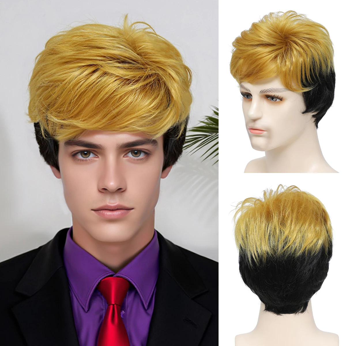 

Мужской парик, черно-золотой цвет, пушистый, короткие прямые волосы, европейский и американский стиль, красивый парик из синтетического волокна.