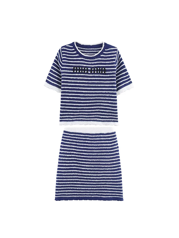 

European and American style women's autumn new fashion trend all-match embroidered letter striped knitted top skirt suit