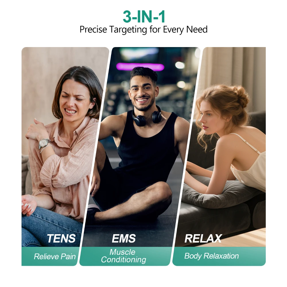 وحدة عشرات EMS لاسلكية 3 في 1، محفز عضلات ثنائي القناة 25 كثافة 8 مناطق للتحكم في التطبيق علاج لتخفيف آلام الظهر #3