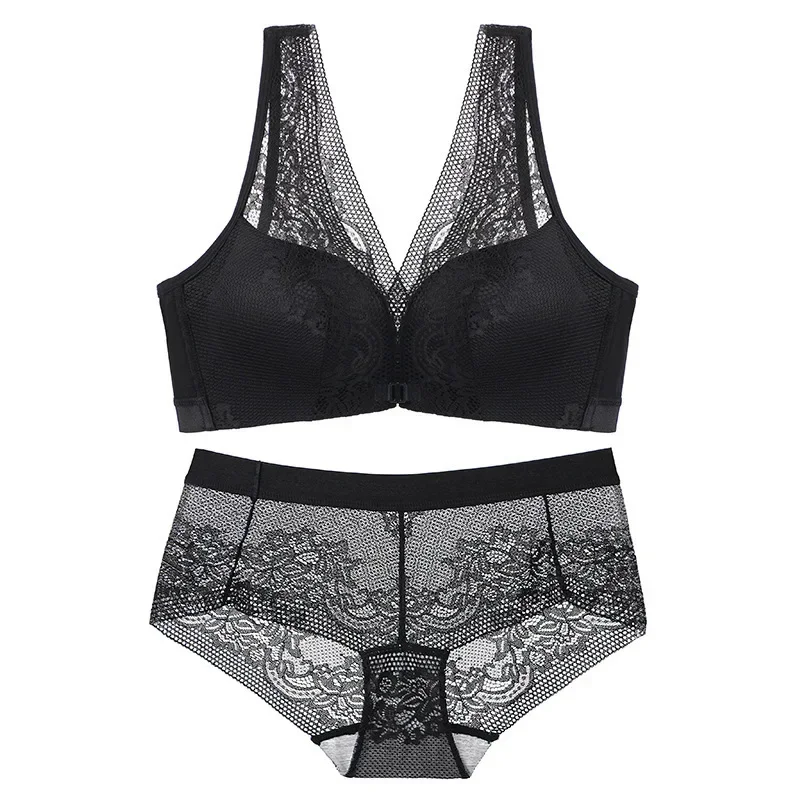 2024 Plus Size Bra Set for Women Lace Wireless Bra Front Open Lingerie Set Elegant Push Up Gathering Underwear Ladies Brief Set