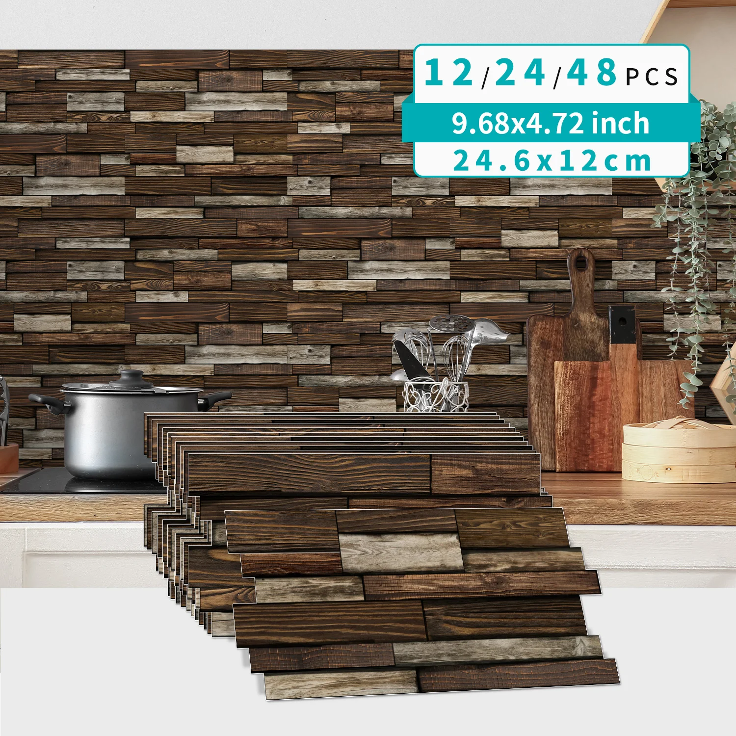 12/24/48PCS Wall Stickers, Wood Grain Retro Home Decor Bathroom Kitchen Waterproof and Oil Resistant Self-Adhesive Tile Stickers