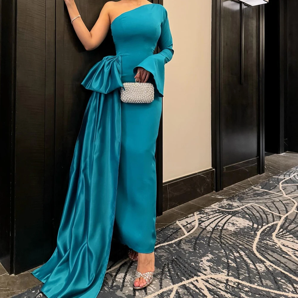 

Customized Temperament One Shoulder Jersey Evening Dresses Modern Straight Ankle Length Long Sleeves Special Occasion Gowns