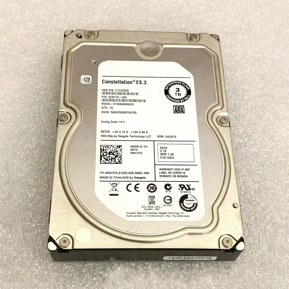 0rwv72 HDD 3t 7.2k 3.5'' SATA 3TB st3000nm0033 9zm178-036 Hard Disk For DELL