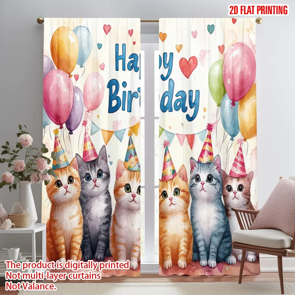 

2D flat printing 2pcs Curtains Birthday Cats with Balloons(1) Digital Printed Polyester Drapes Festive Wall Decor Perfect for
