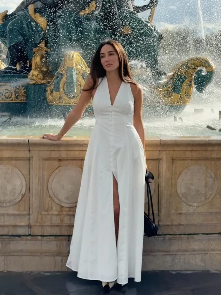 

Белое женское элегантное летнее платье макси с V-образным вырезом, на одной пуговице, без рукавов, с разрезом спереди, А-силуэт, для улицы, 2026