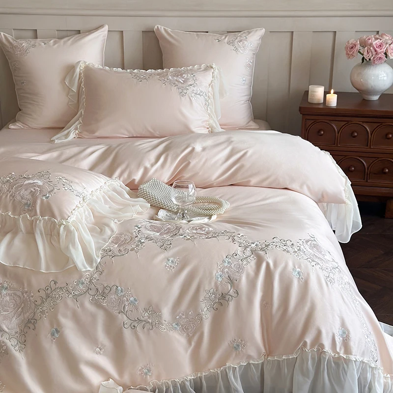 

Pink 1000TC Egyptian Cotton Flowers Embroidery Bedding Set Luxury Chiffon Lace Duvet Cover Bed Sheet Pillowcases Queen King Size