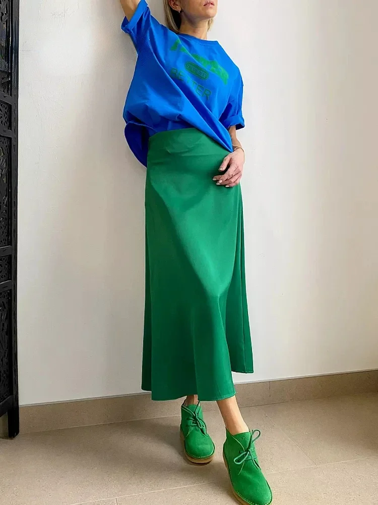 Women\'s Silk Satin Midi Skirt, Long, Green, Loose, Chic, Elegant, Monochromatic, Korean Fashion, Office, Summer