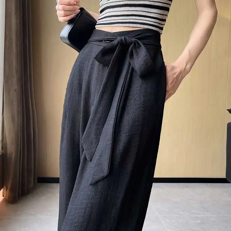 Summer 2024 New Ice Silk Linen High Waisted Bandage Button Solid Wide Leg Trousers Women\'s Fashion Loose Straight Casual Pants