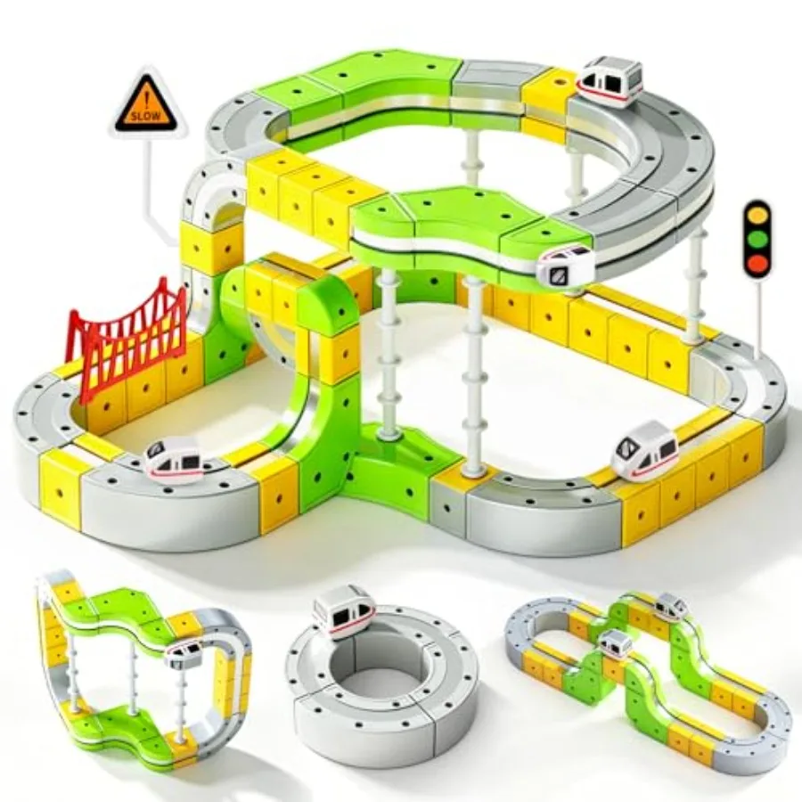 Set de trenes STEM para niños de 4 a 8 años, trenes magnéticos de plástico en color rojo y azul, pista de carreras 3D que desafía la gravedad con coche motorizado, 87 piezas.