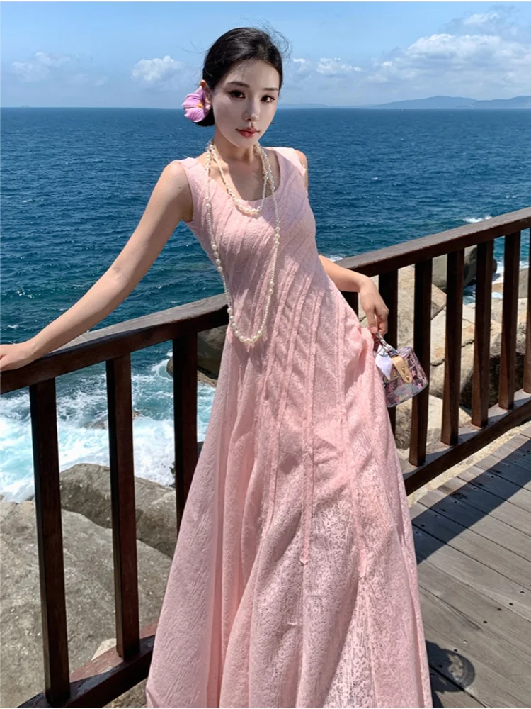 SMTHMA 새 여름 우아한 세련된 핑크 레이스 드레스 여성 한국어 레트로 Vestidos 패션 민소매 오-넥 비치 파티 롱 드레스