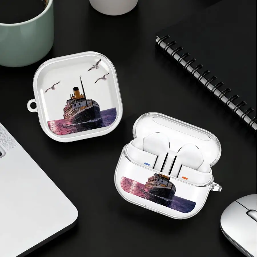 Oil Painting Lighthouse Ship Case For Redmi Galaxy Buds 5 7 6 Pro 8Active 6Active 8 Lite Clear Earphone Cases Cover With Hook