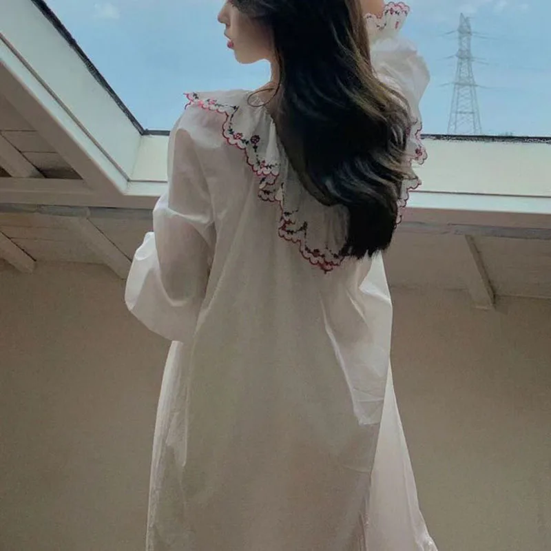 Embroidery Women Nightgown Korean Sleepwear Ruffle Nightwear Autumn Night Dress Long Sleeve One Piece Pajamas Strawberry Home