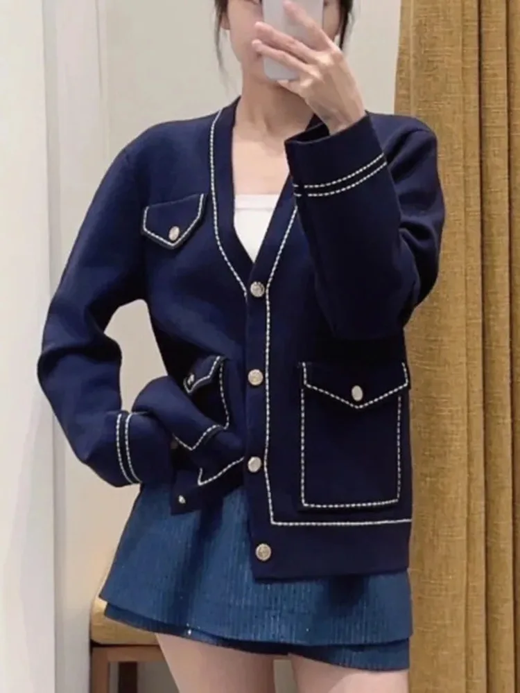 

Ele Knitted V-Ne Open Cardigan Outerwear High-End Version Color Blo Stitching Deep Blue European Sle Women's Coat